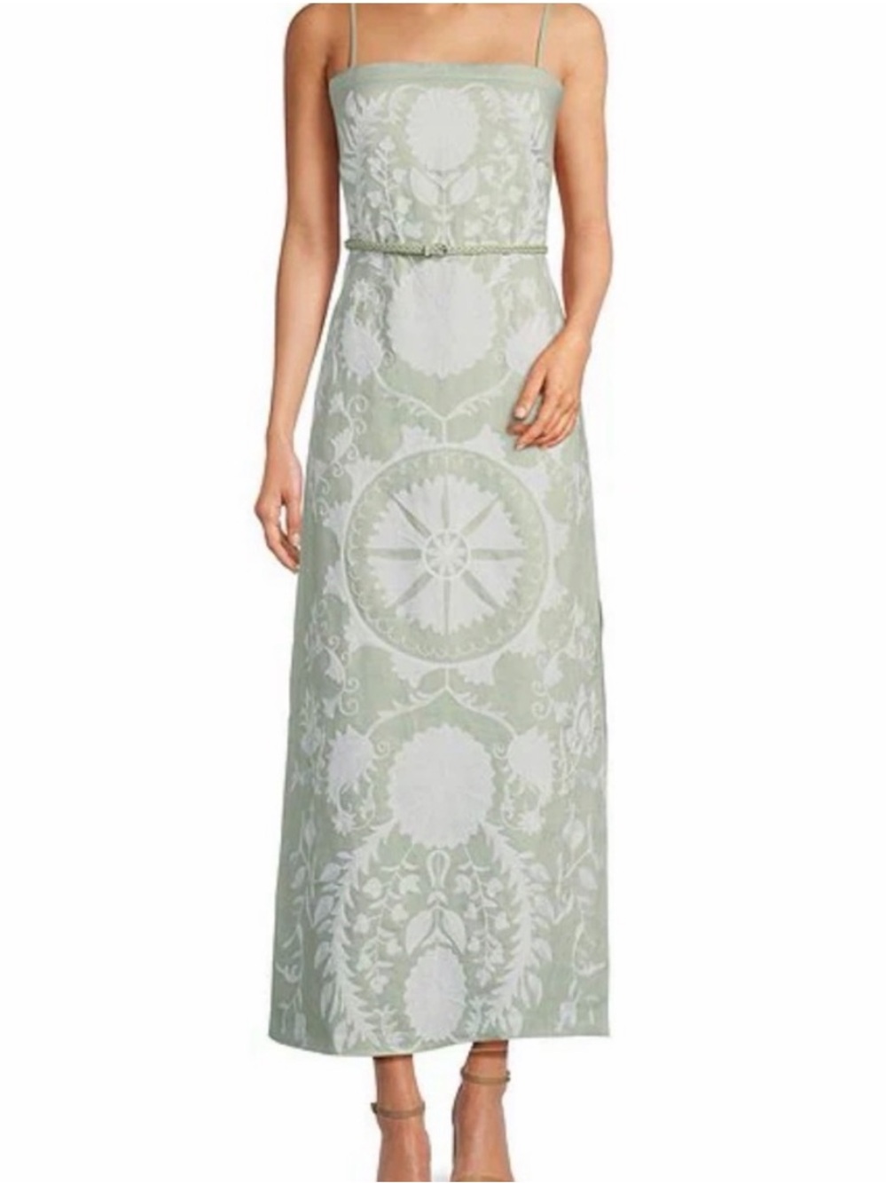 Le’AL.X Embroidered Linen Square Neck Maxi Dress Green White S